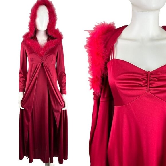 Vtg 70s Maroon Marabou Trim Hooded Robe w/ Maxi Disco Dress Set Size S/M - Picture 1 of 8